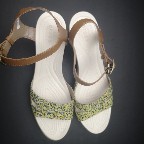 Crocs Dual Comfort Ladies Size 9 Purple Lime Yellow White Wedge Heel Sandals - Picture 3 of 9